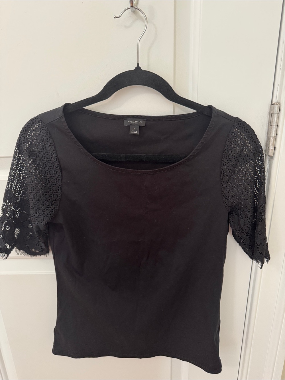 Ann Taylor Black Scoop Neck Top with Lace Short Sleeves